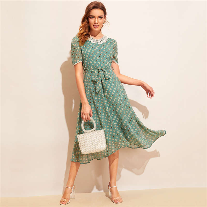 Vintage Peter Pan Collar Floral Print Dress Women 2019 Summer High ...
