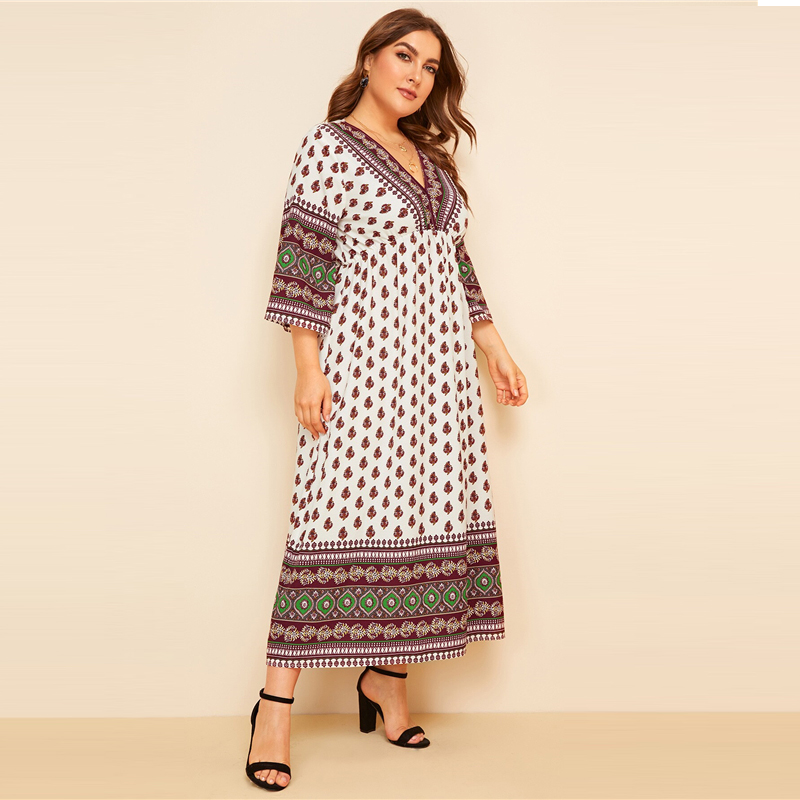 Plus Size Multicolor V-Neck Aztec Print High Waist Maxi Dress 2019 ...