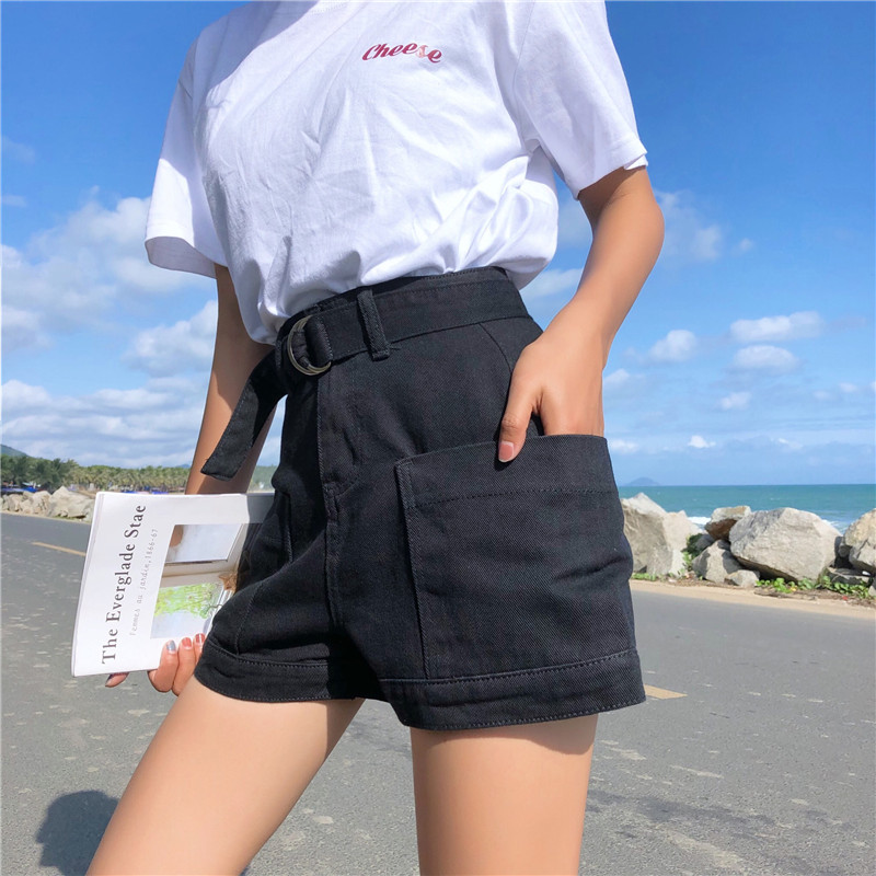 New 2019 Black White And Blue Denim Shorts Women With Belt Street Style ...