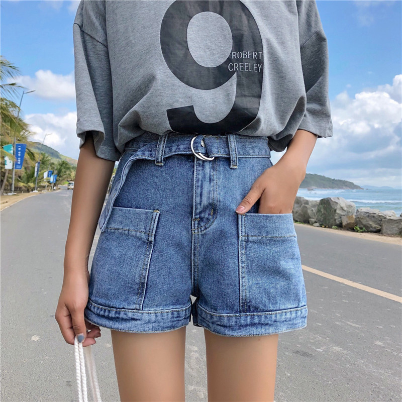 New 2019 Black White And Blue Denim Shorts Women With Belt Street Style ...