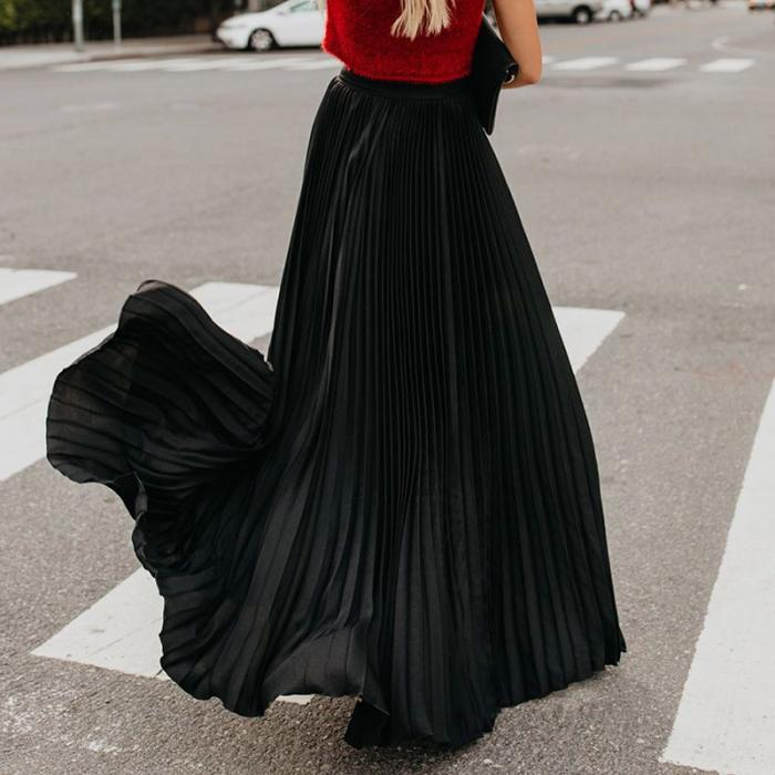Women Pleated Skirts Solid Color Bohemian Slim Fit Female Long Skirts ...