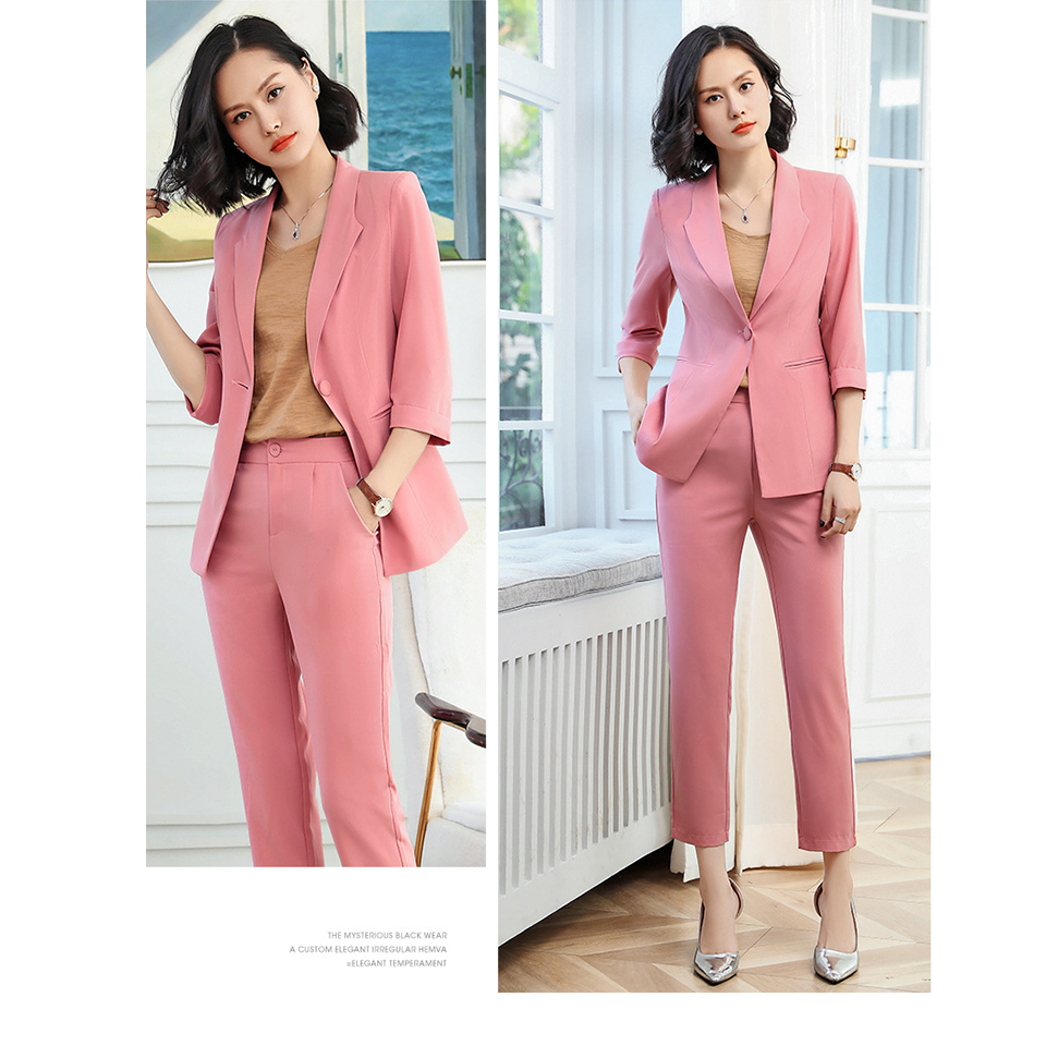 New Seven-Sleeve two piece plus size blazer and pant Professional pink ...